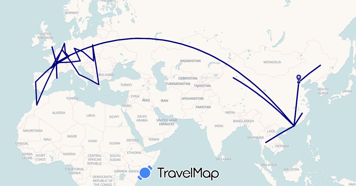 TravelMap itinerary: driving in Austria, Belgium, Switzerland, China, Czech Republic, Germany, Spain, France, United Kingdom, Greece, Hungary, Italy, Luxembourg, Morocco, Netherlands, Poland, Portugal, Slovakia, Thailand (Africa, Asia, Europe)